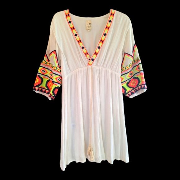 Gauzy Boho Aztec Embroidered Balloon Sleeve Lined White Mini Dress Sz M Pink Owl - Picture 1 of 8